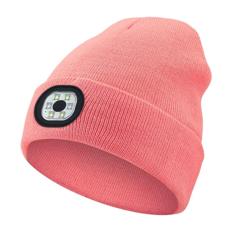LED lue lue med lys unisex varm vinterlue USB oppladbar hodelykthette vinterstrikket nattbelyst lue lommelykt