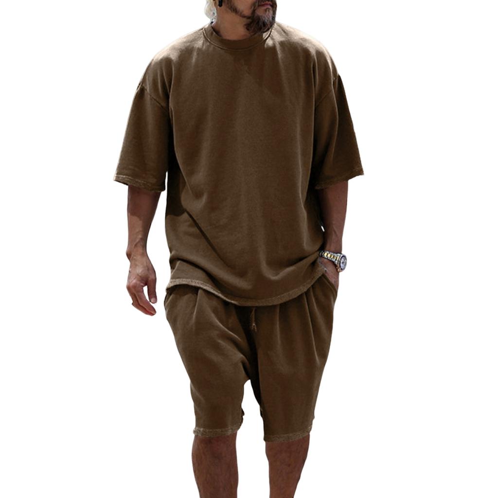 Set Due Pezzi T-shirt da Uomo a Maniche Corte Girocollo e Pantaloncini con Coulisse Outfit Estivo Casual Vestibilità Larga per l'Uso Quotidiano