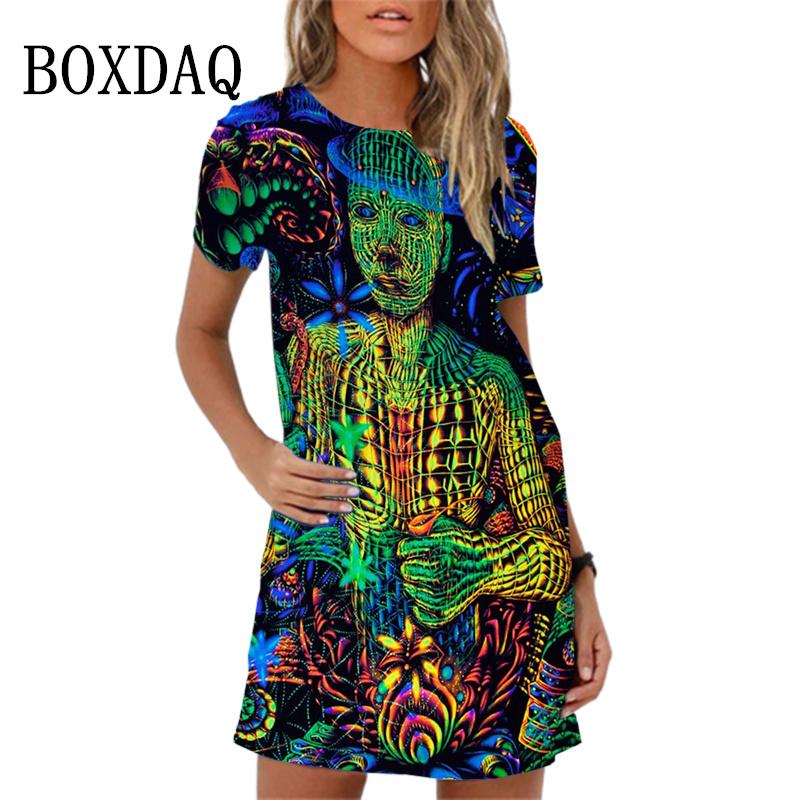 Fashion Owl Print Women Dress Summer Loose Mini Dress 3D Pattern Short Sleeve O-Neck Casual Female Dress