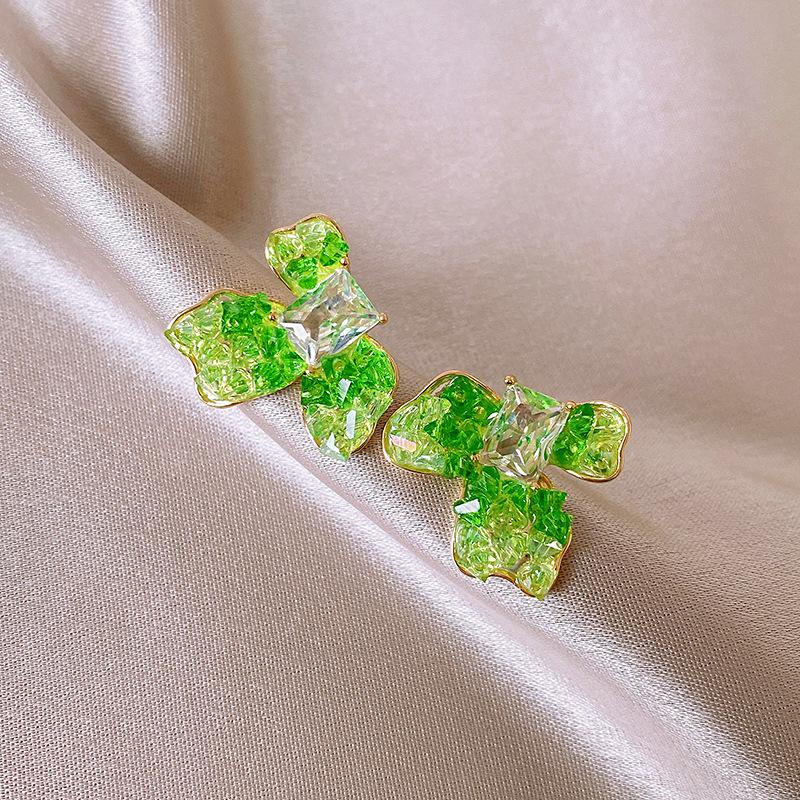 Green crystal flower butterfly earrings summer small fresh and sweet stud earrings 2025 explosion high-end earrings women