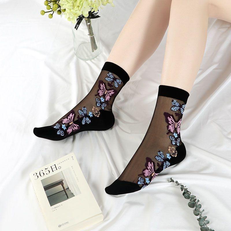 

4 пары женских носков средней длины, тонкие, дышащие, нескользящие, женские, анти-зацеп, шелковая, хлопковая подошва, с кристаллами и бабочками 4 Pairs