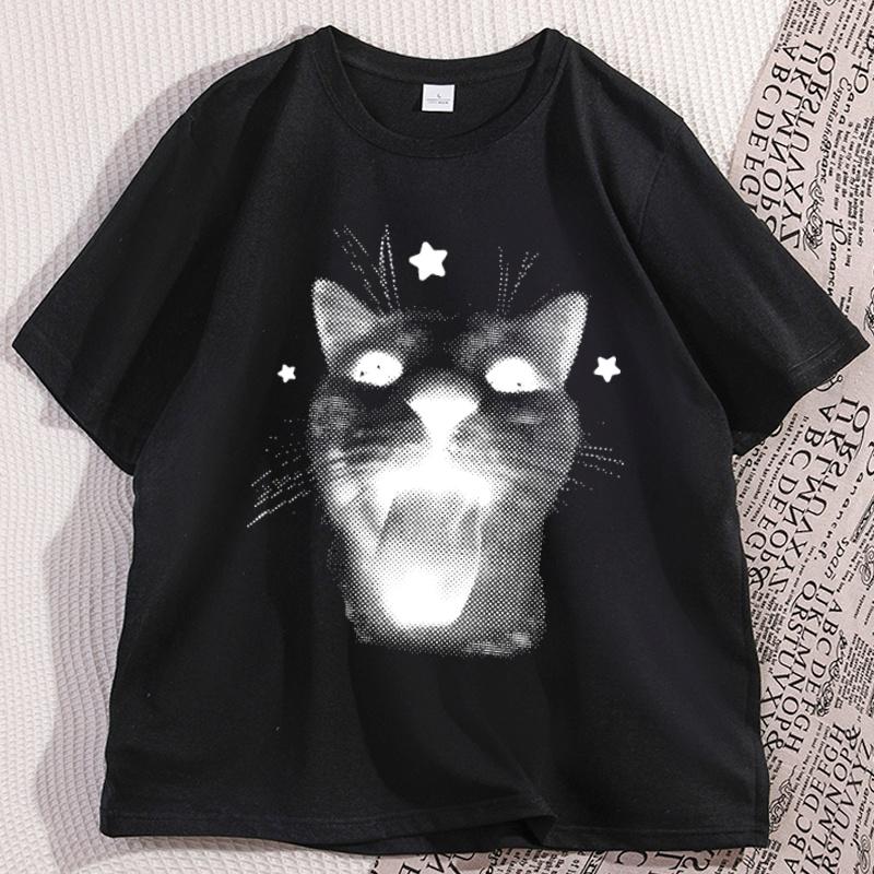 Funny Y2k Cat Tshirt Cool Silly Cats Tee 90s Retro Kitten Vintage Graphic T Shirts Casual Cotton Short Sleeve Round Neck Tees