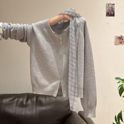 Gray Gentle Wind Crew Neck Knitted Cardigan Women's Autumn and Winter Age Reduction Double Zipper Outer Wear Bottom Sweater Sweater