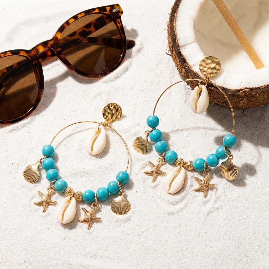 Bohemian Shell Starfish Turquoise Bead Large Hoop Earrings for Women Metal Conch Seashell Circle Dangle Earring Vacation Jewelry