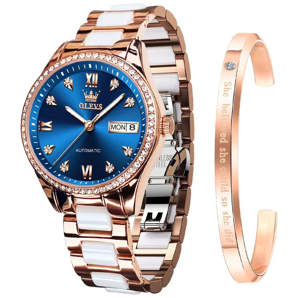 OLEVS Women s Stylish Mechanical Watch with Date, Bracelet, Ceramic, Blue