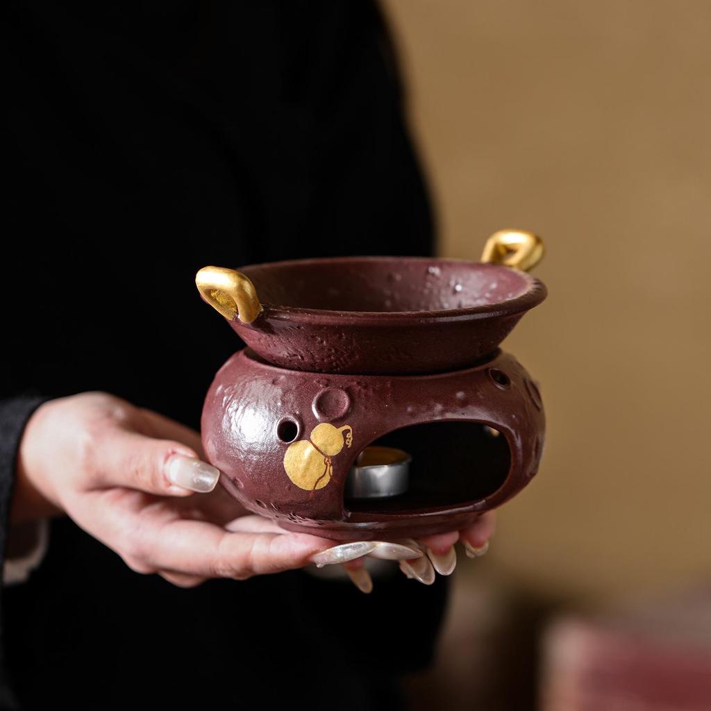 Purple Glaze Fu Lu Round Tea Stove + Triangle Golden Ear Baking Pan Ceramic Stir-Frying Tea Maker Set
