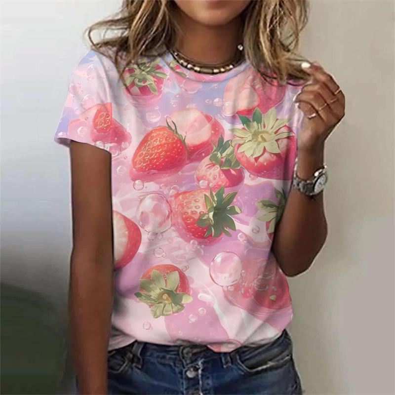 Summer  Fruit Pattern T-Shirt For Women Strawberry Watermelon 3D Printed Short Sleeves Summer Tees Oversized T Shirts O-Neck