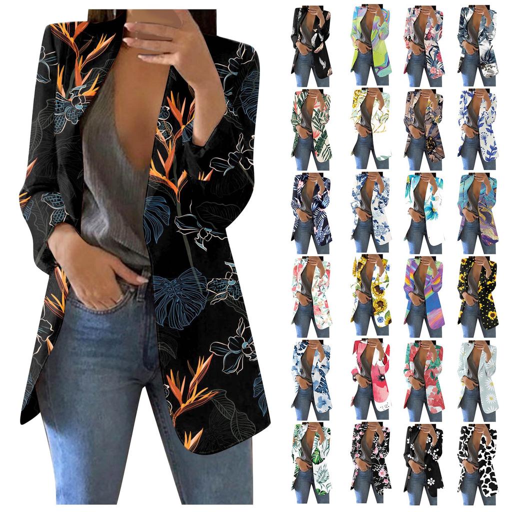 Women's Casual Fashion Print Lapel Long Sleeve Slim Fit Jacket