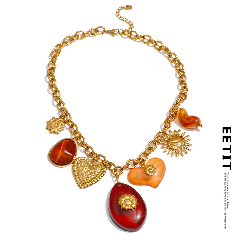 Eetit Red Resin Oval Heart Sun Drop Necklace Golden 316L Stainless Steel Summer Charm Collar Jewelry Waterproof 2025