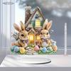 2D Flat Easter Charming Rabbit House Acrylic Decoration, Bow Tied Bunnies & Colorful Eggs, Suitable for wall decoration, porch, room, villa, accents H