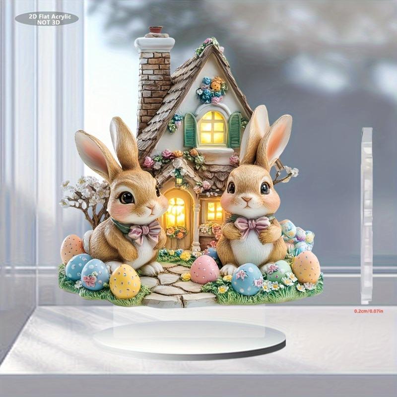 2D Flat Easter Charming Rabbit House Acrylic Decoration, Bow Tied Bunnies & Colorful Eggs, Suitable for wall decoration, porch, room, villa, accents H