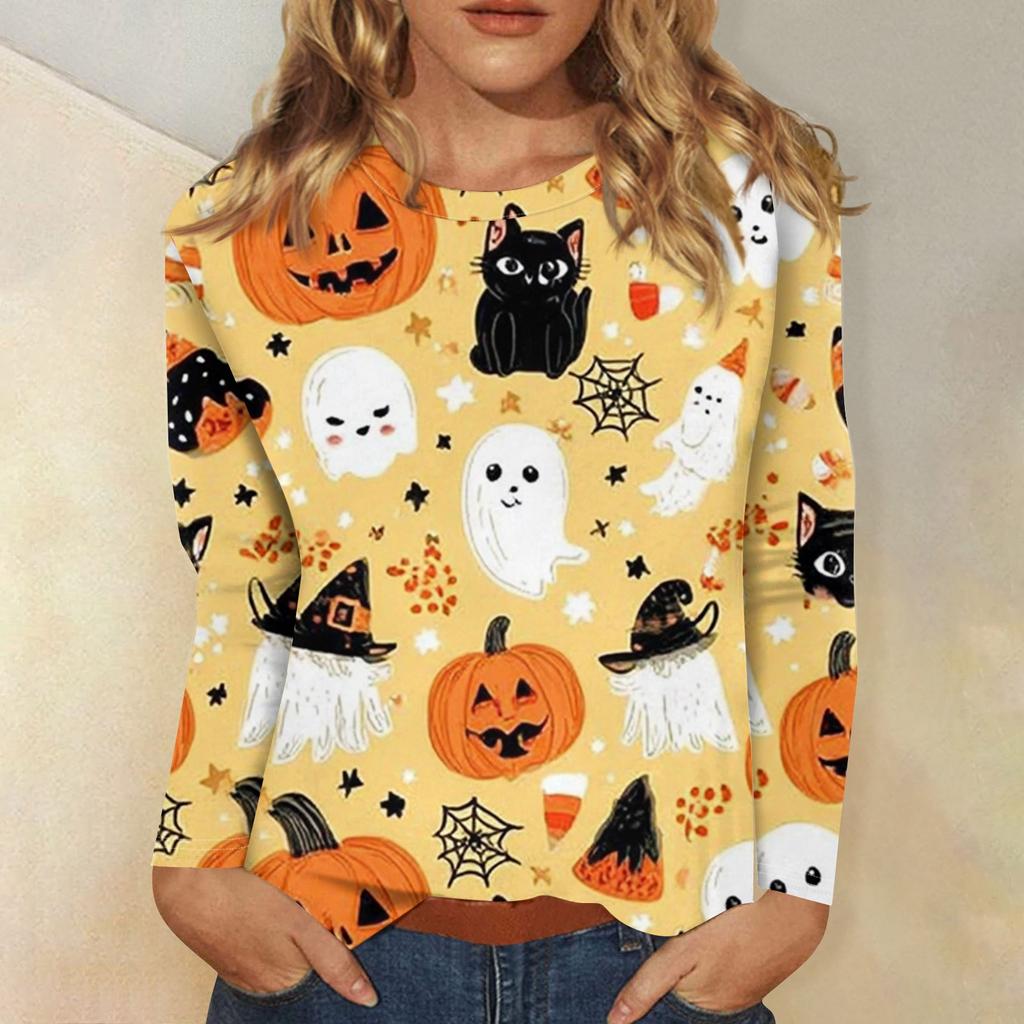 Women's Fashion Casual Halloween Printed Round Neck Long Sleeve Pullover Top