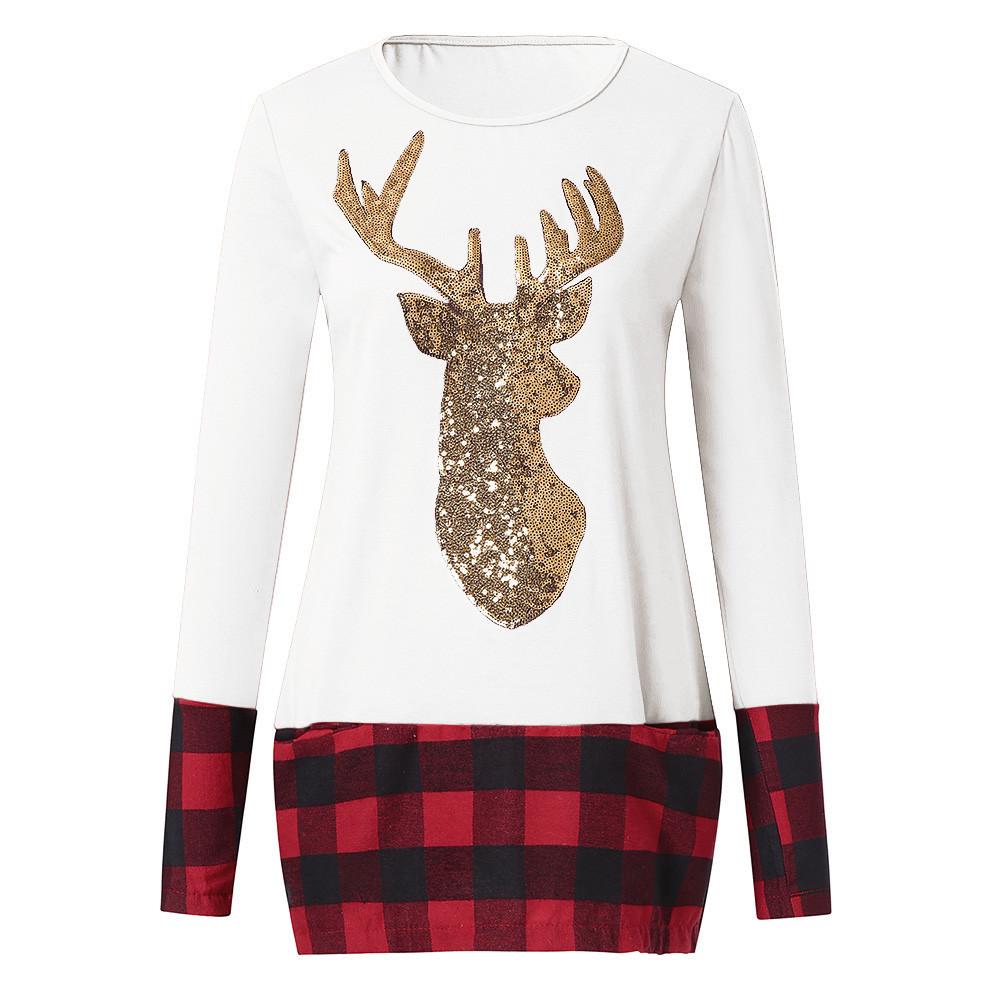 Womens Christmas Tops Plaid Splice Hem Long Sleeve Cute Tunic Blouse