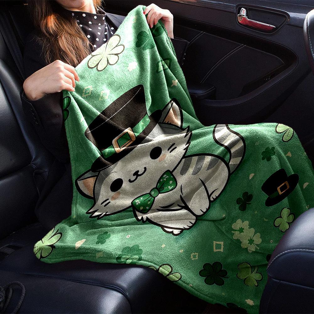 1pc cat shamrock blanket Lightweight Flannel Throw for Sofa Bed Travel Camping Livingroom Office Couch Chair