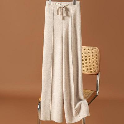 Dames High Waist Wollen Wijde Pijpen Broek - Herfst/Winter Casual Vloerlengte Gebreide Broek