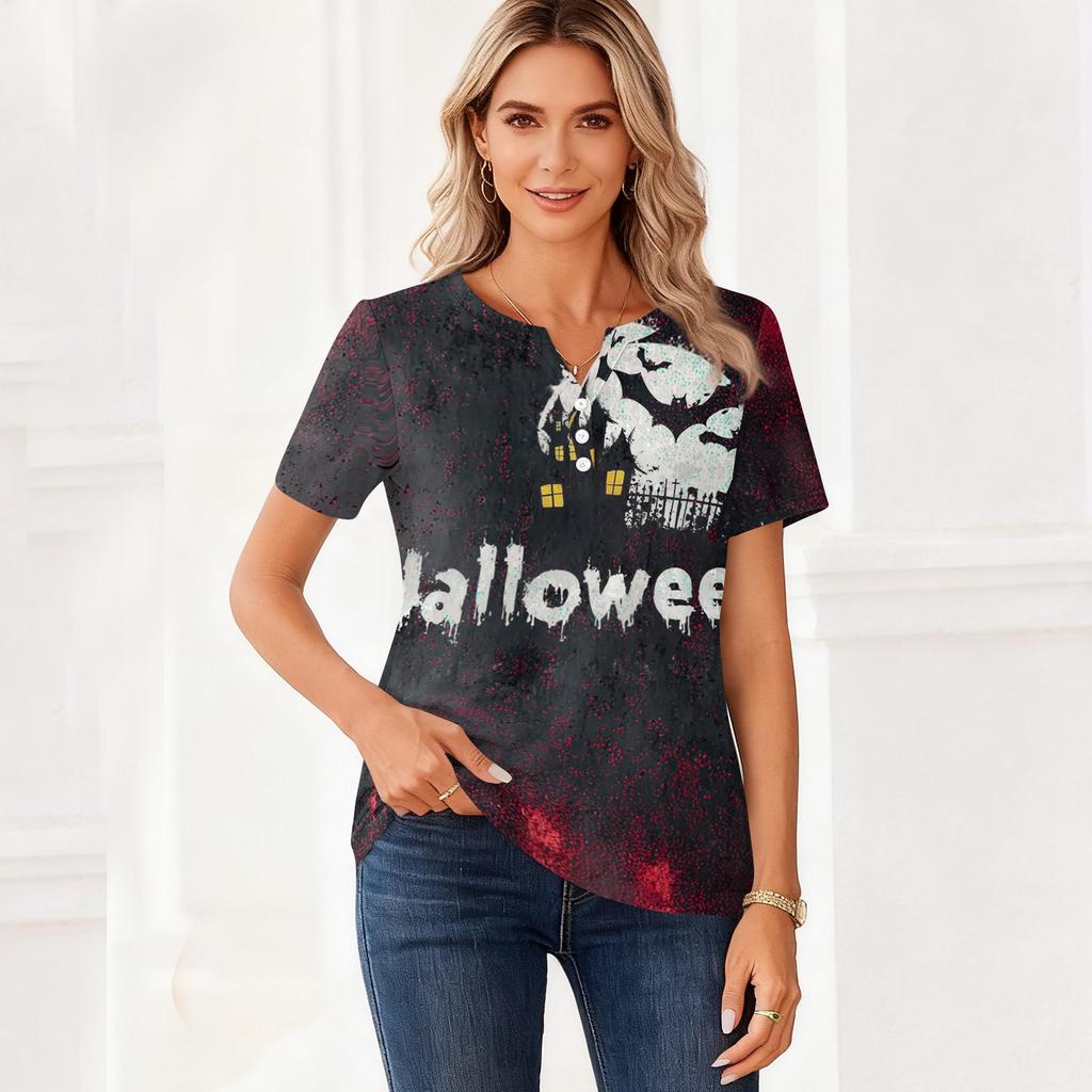 Women's Casual Halloween Print V Neck Button Front Three Quarter Sleeve T Shirt Top Lightweight Soft Fabric Comfortable Fit