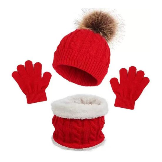 

3Pcs/Set Women Hat Scarf Gloves Set Solid Color Plush Ball Decor Twist Texture Hat Fleece Lining Neck Warmer Gloves Set