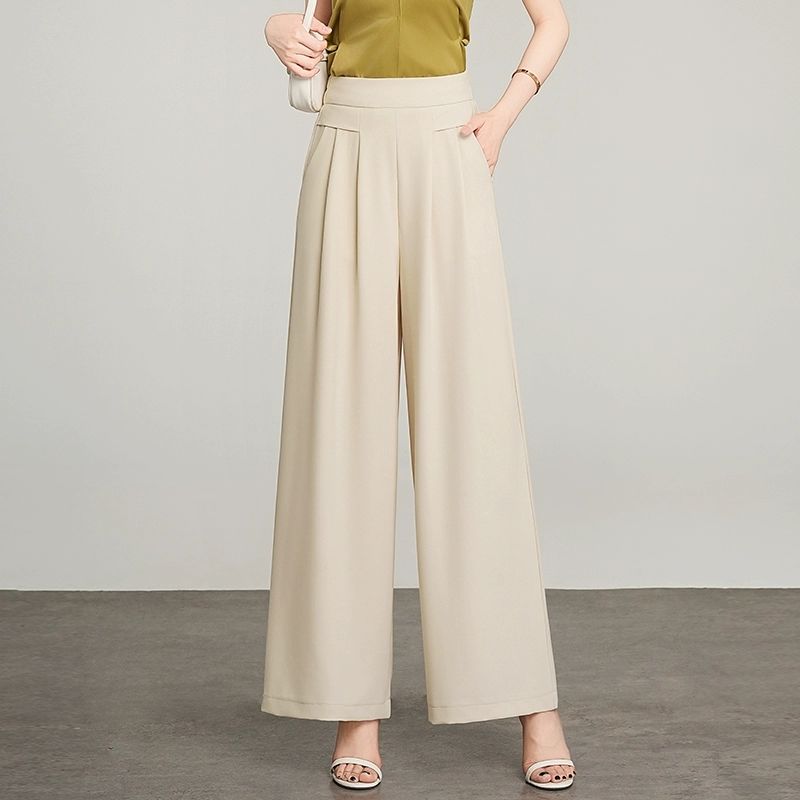 Damen Frühling Khaki Hohe Taille Falten Tasche Weiter Bein Büro Freizeit Hose