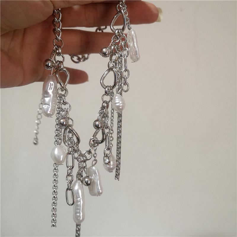Irregular Pearl Pendant Silver Color Tassel Chain Thick Chunky Necklace For Women Charm Personalized Neck Jewelry Accessories