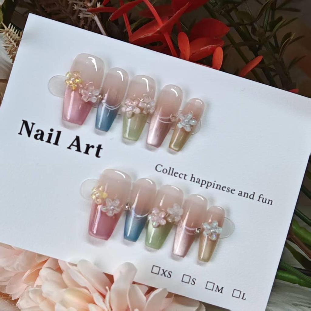 Huayang Time French Colorful Cat Eye Crystal Flower Nails, Handmade for Fresh Spring/Summer Wear