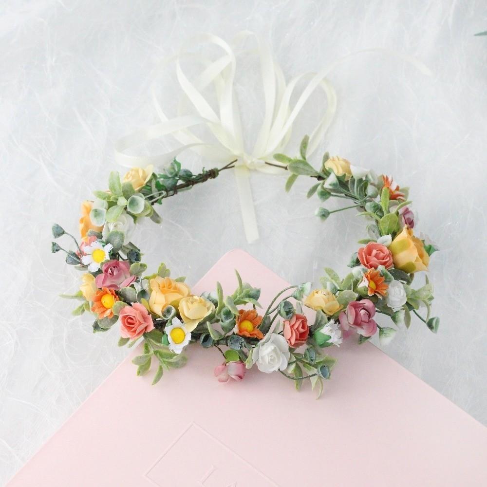 Elegant Rose Floral Floral Crown Headband Ribbon White Flower Bridal Garland Green Leaf Floral Wreath Headband Girls Women