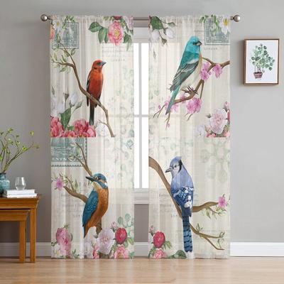 Cortinas de Tule com Flores e Pássaros Vintage para Decoração de Sala de Estar e Quarto Cortina de Janela Transparente de Chiffon Voile