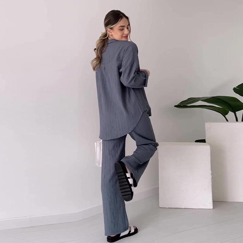 2024 Autumn European & American Women's Solid Color Casual Top and Drawstring Pants Set