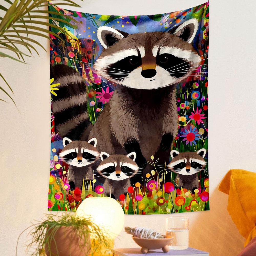 Raccoon Family in Colorful Flower Field Patterned tapestry home decor, suitable for bedroom and living room, gift