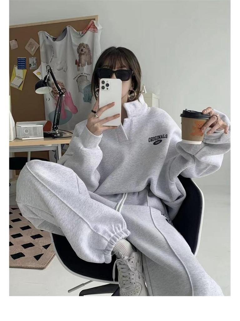 Women's 2024 Autumn/Winter Fleece-Lined Sweatshirt & Sweatpants Set - Fashionable Casual Two-Piece for Running or Sports