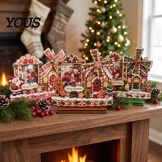 Christmas Photo Frame 2D Gingerbread House Wooden Frame, Spinning Windmill Picture Xmas Cottage Ornament Desktop Holder for Home Fireplace Table Decor