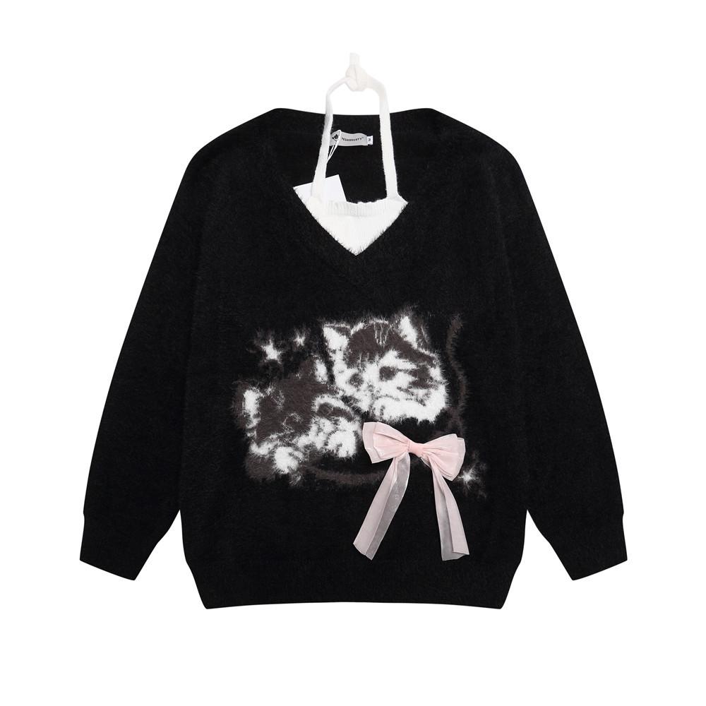 American Style Halter Neck Sweater for Women, Autumn Collection, High Street, Instagram, Cartoon Cat Jacquard Mink Hair Knit.