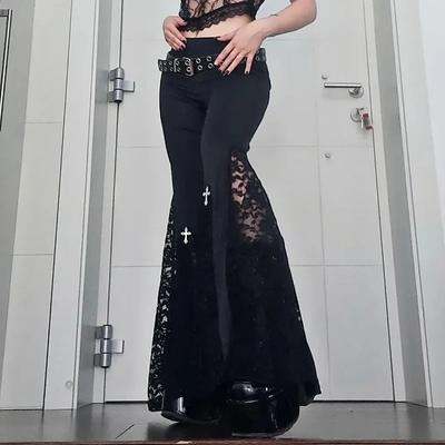 Goth Flared Bikses Seksīgas melnas mežģīņu savārstījums ar augstu vidukli Vintage Harajuku hipiju panks Streetwear Y2k bikses