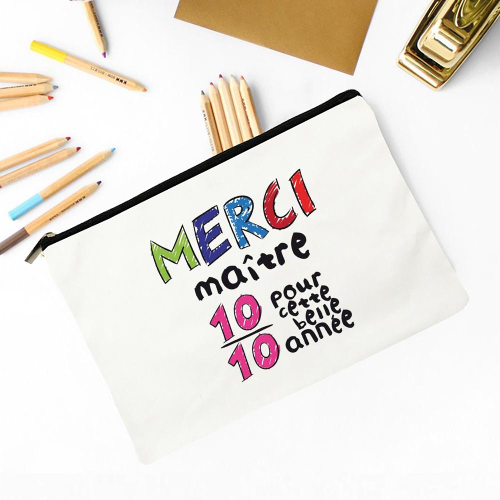 

Merci Maitre Atsem French Printed Pencil Bag Stationery Bags Travel Makeup Pouch Teacher s Day Graduate Thanks Gift for Teacher 14X22X1 CM