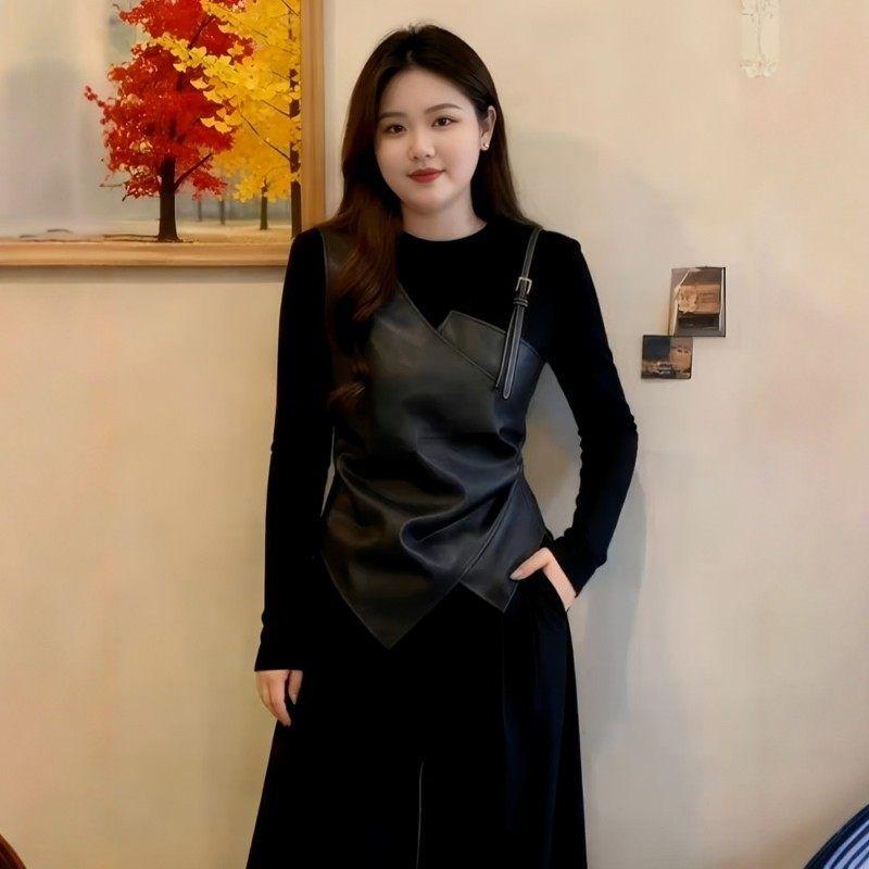 Plus-Size Women s Black Pu Leather Patchwork Faux Two-Piece Long-Sleeve T-Shirt, 2026 New Style, Slimming Waist-Cinching Top for Curvy Women Black Faux Two-Piece XL