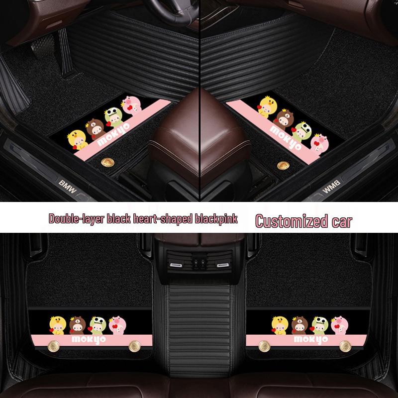 Custom Leather Car Floor Mats for Women - Cartoon Design, Double-Layer, Full Coverage