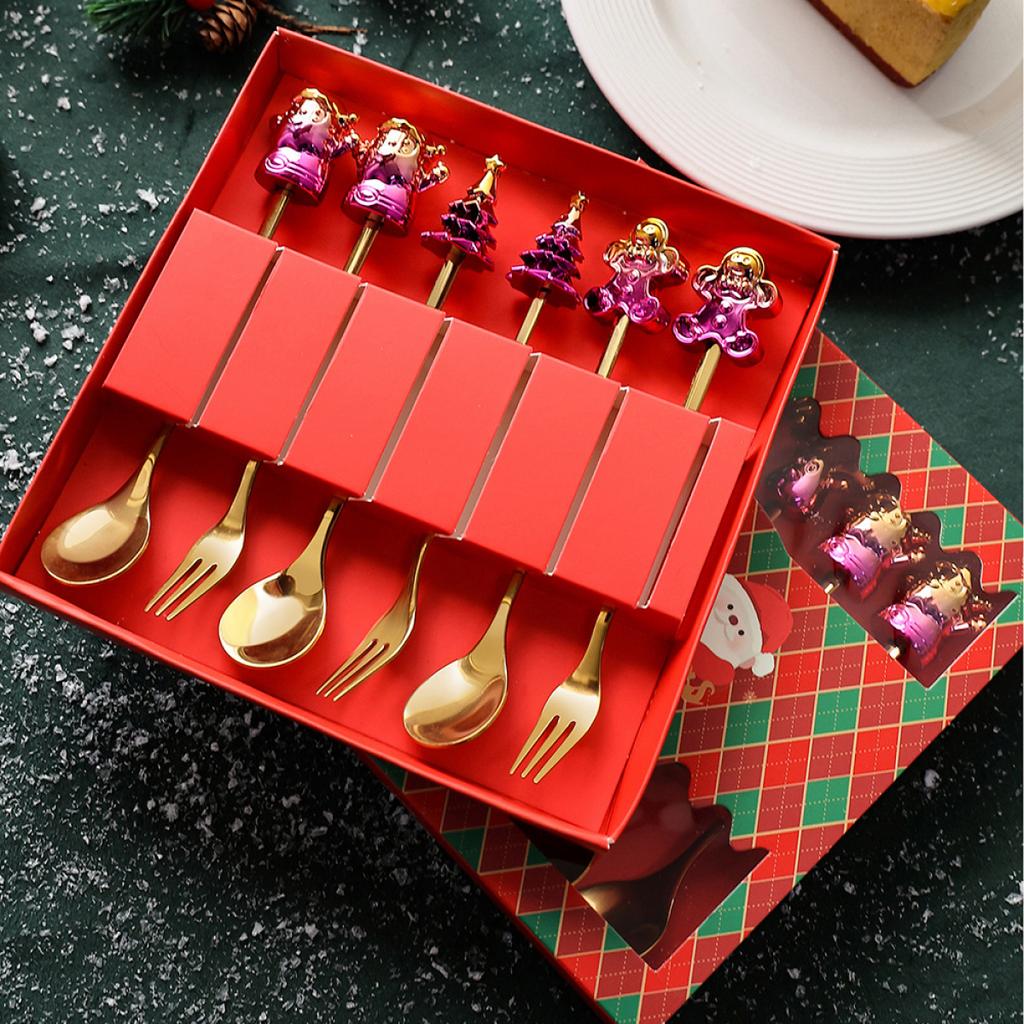 Set de furculițe și linguri de Crăciun, 2/4/6 buc. Set de cadou, din oțel inoxidabil, veselă creativă, cafea, ceai, desert, furculițe și linguri