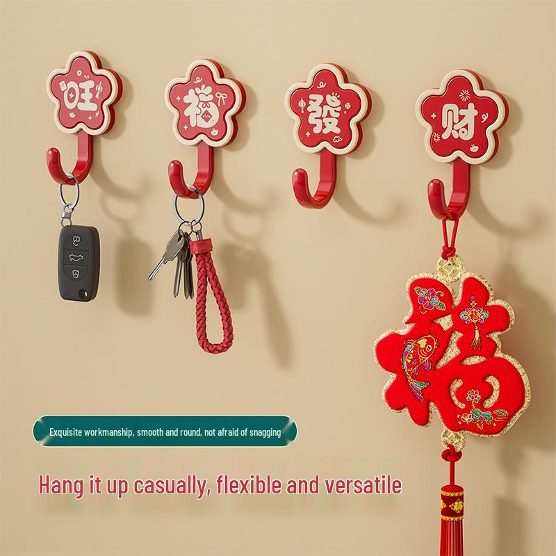 Red Festive New Year Wealth & Prosperity Adhesive Door Hook for Housewarming, No-Drill Installation