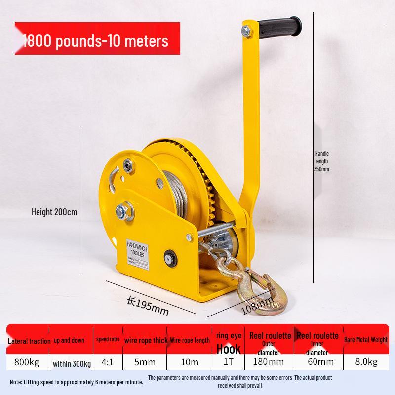 Hand Crank Winch, Two-Way Self-Locking with Brake, 800 lb Puller, High Carbon Steel Manual Winch