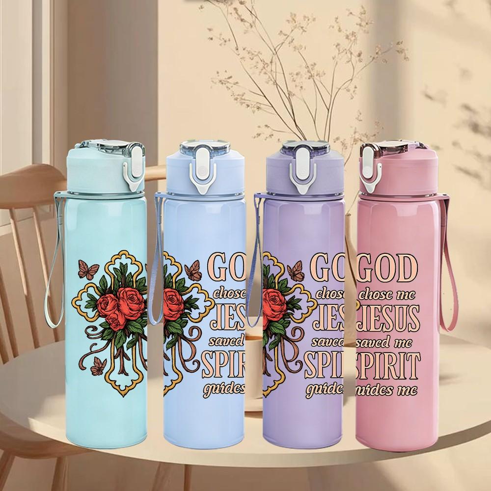 1PC God Jesus Rose Text 750ml Color Plastic Sports Water Bottle Leakproof Flip Straw Lid Suitable for Sports Office Home Use