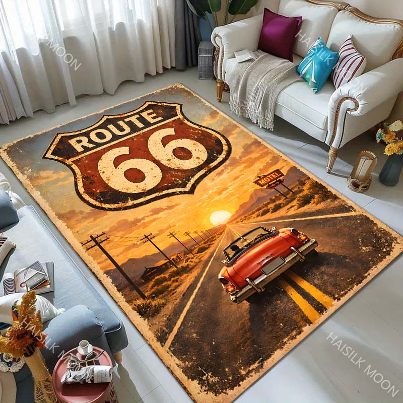 Route 66 vintage sign sunset convertible Print Carpet for Living Room Bedroom Sofa Home Decor Rus Non-slip Floor Mat Luxury Gift