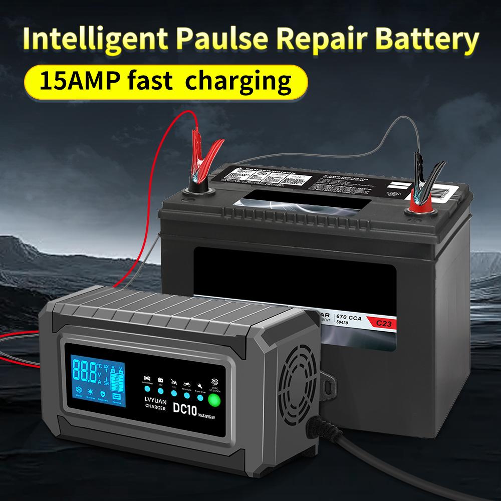 15A LED Battery Charger DC12v/24V AC 220V Charging Device EU Plug For Lead Acid Gel AGM BatteryBattery Pulse Repair Smart Charger