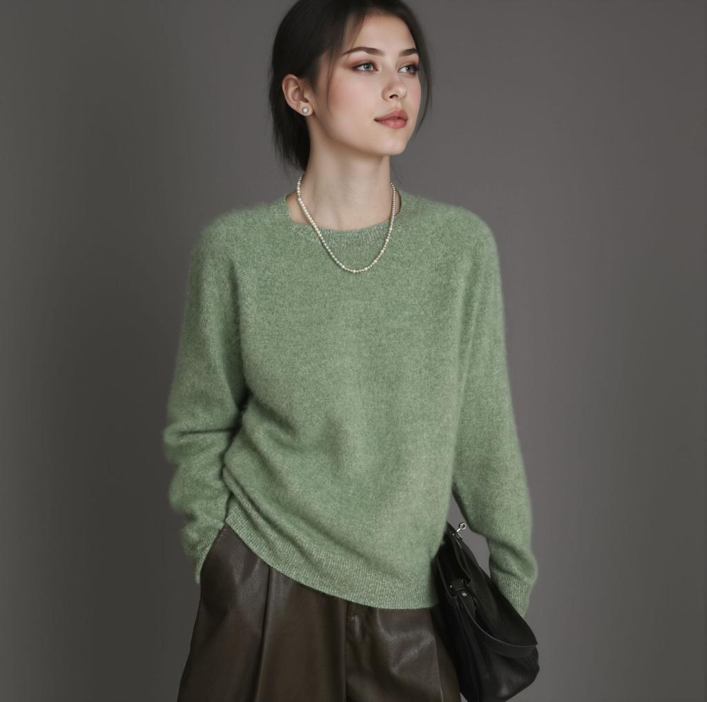Fluffy Crew Neck Knit Sweater for Women