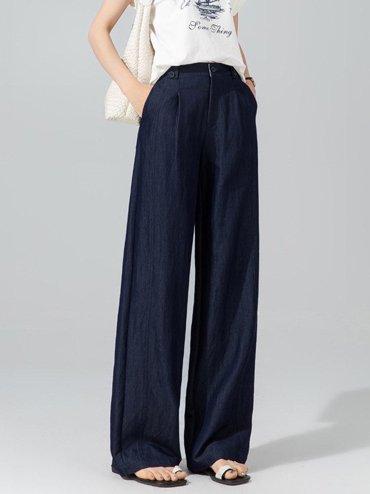 Wide-leg Pants Women's Summer Thin Old Money Style High Waist Straight Tube Drape Thin Women's Casual Trousers Dark Blue Trousers