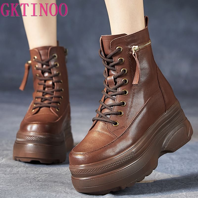 Fashion GKTINOO Ankle Boots Platform Women Genuine Cow Leather Short Boots Round Toe Height Increasing Thick Sole Ladies Shoes Handmade
