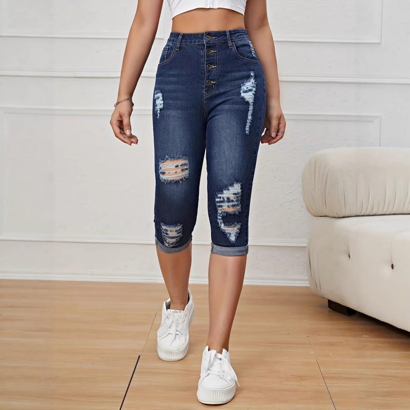

High-waist Broken Holes Elastic Three-quarter Jeans Women s Slimming Curled Tights S синий