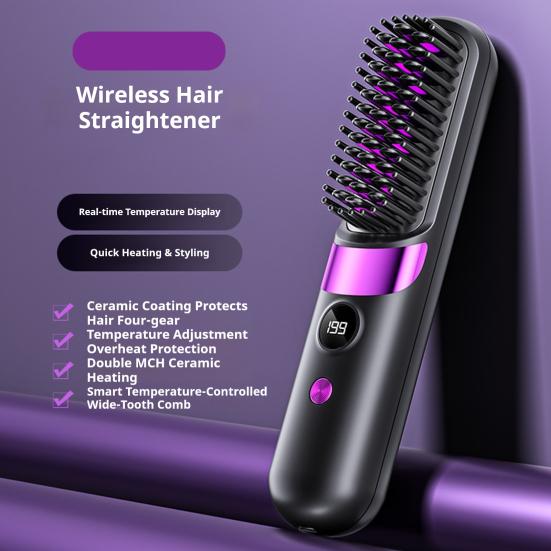 Portable Hair Straightener Brush 4 Temperature Adjustable LED Display Fast Heating Cordless Electric Hot Brush Curly Hair Styling Detangling Comb