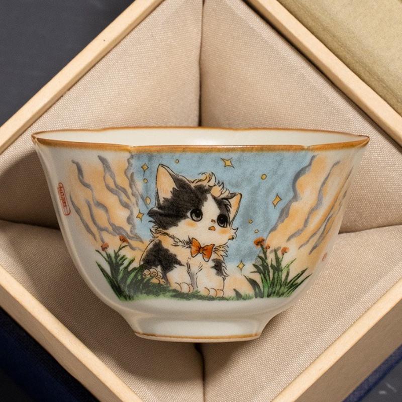 Ru Klin Cute Hand Painted Cat Teacup Ceramic Retro Porcelain Tea Cup Master Cup Tasting Mug Chinese Kung Fu Japanese Tea Teaware