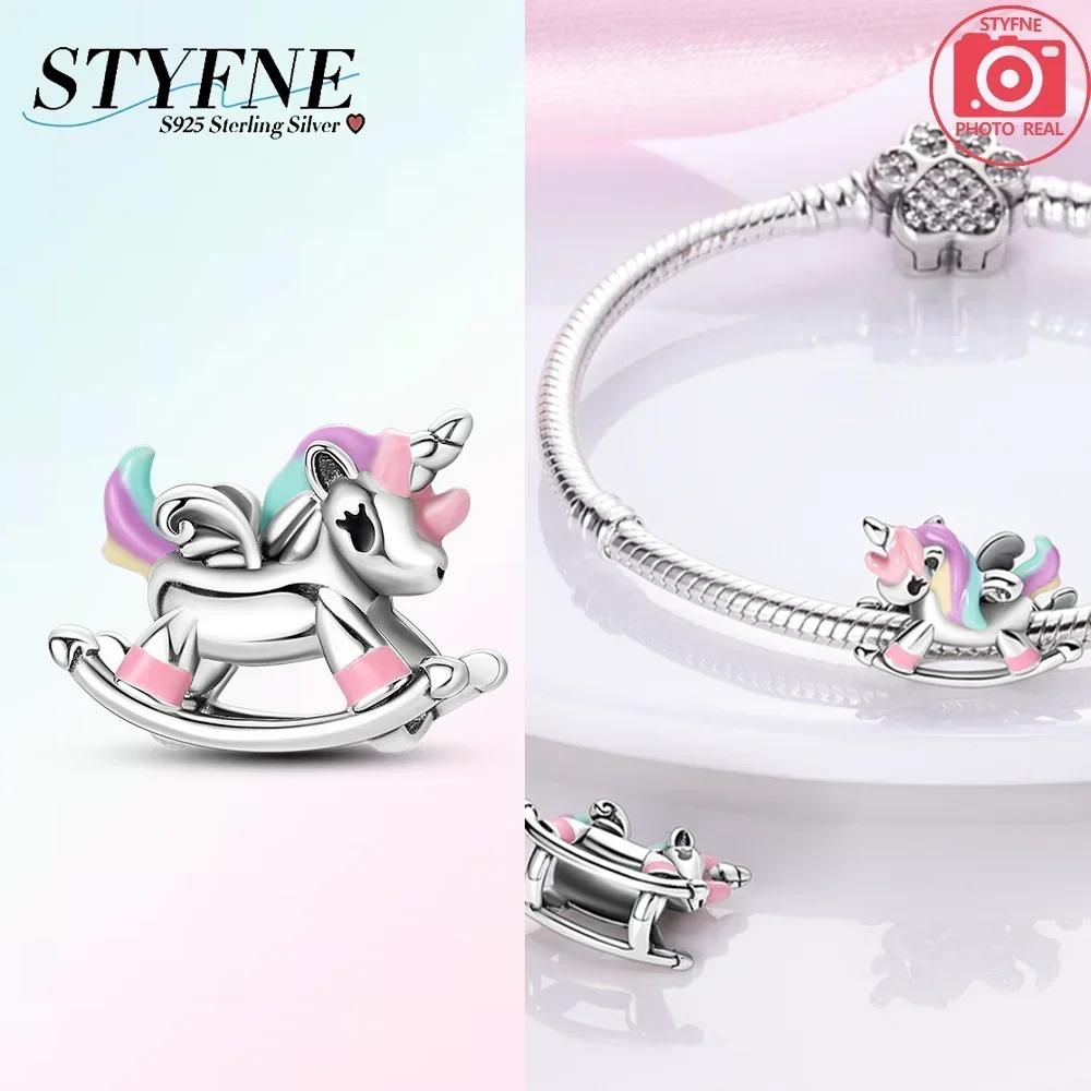 Exquisite Pink Color Charms Beads Copper Cute Girl Wonderland Unicorn Colour Heart Shape Pendant Fit Bangle Bracelet Jewelry