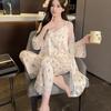 New Pajamas Women's Ice Ribbon Chest Pad Pure Desire Sexy Suspender Three-piece Pajama Silk Loungewear