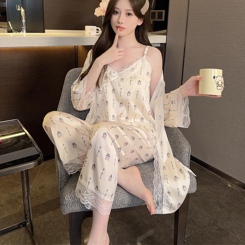 New Pajamas Women's Ice Ribbon Chest Pad Pure Desire Sexy Suspender Three-piece Pajama Silk Loungewear